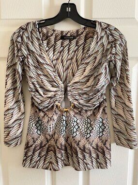 Roberto Cavalli Snake Feather Print V Neck Gold Tone Ring Hardware Top